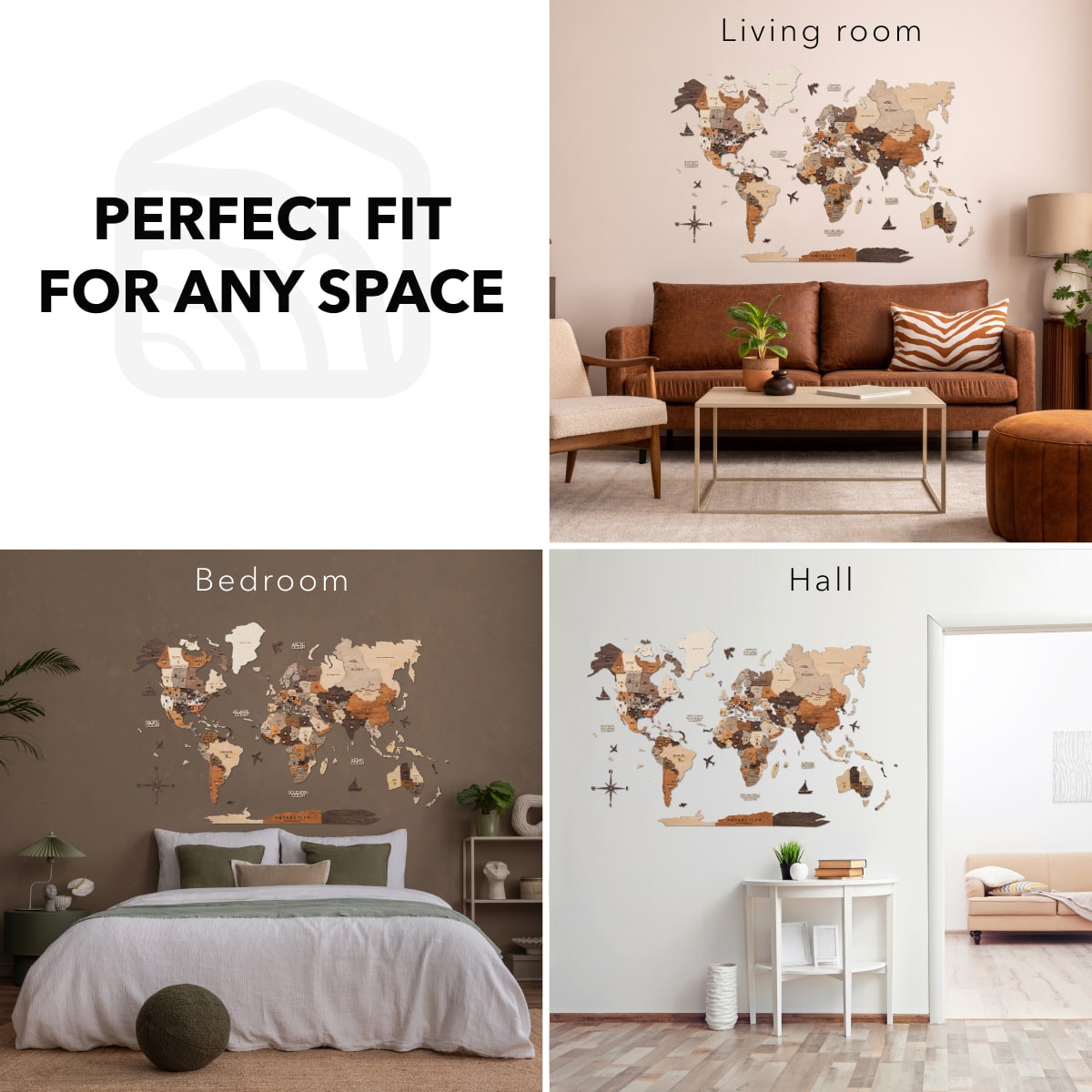 3D Wooden World Map Multicolor