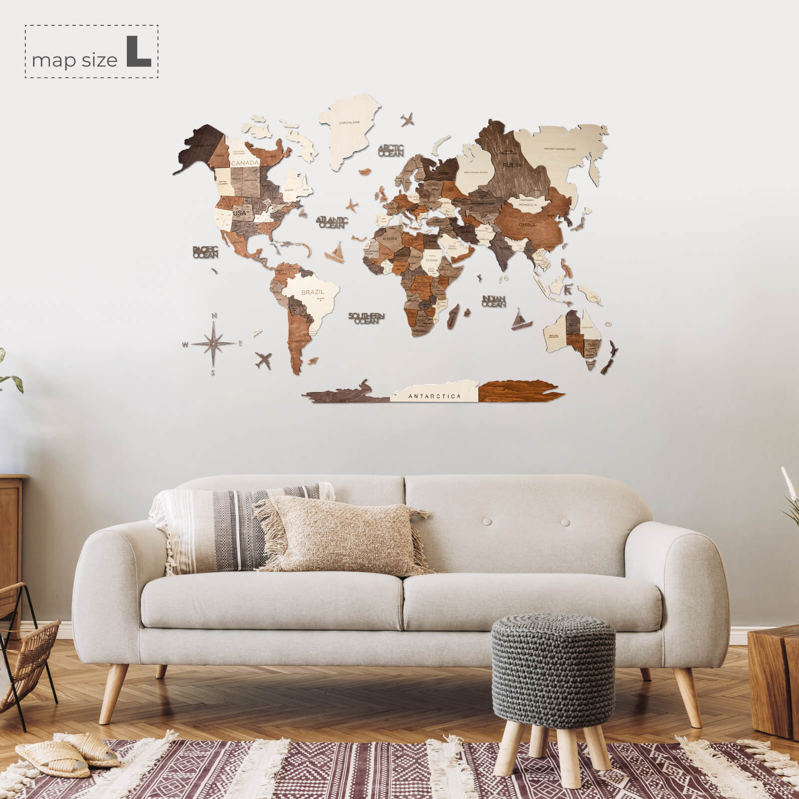 3D Wooden World Map Multicolor